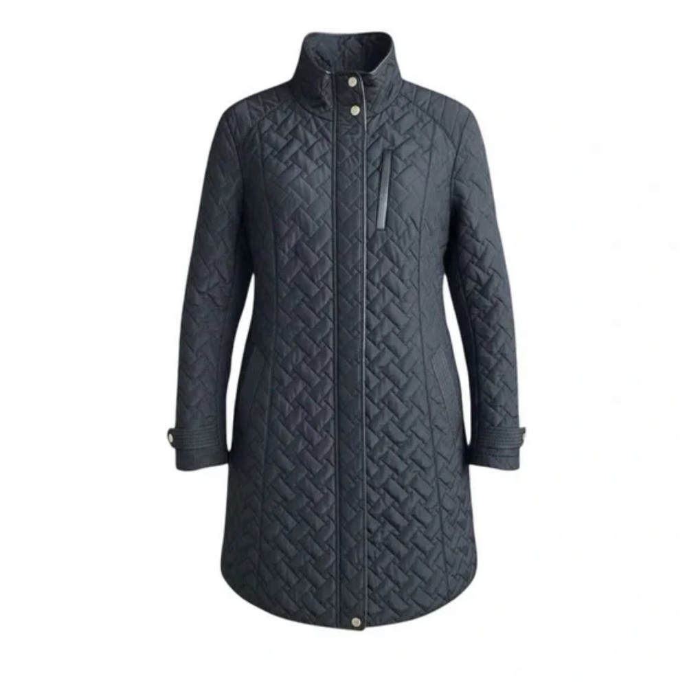 Cole Haan Black Quilted Jacket Women’s L Lightweight Faux Leather Trim Coat